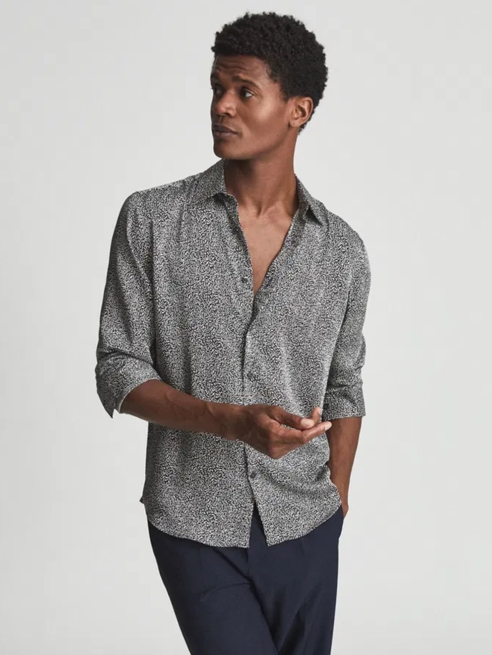 REISS Blanca Neutral Tone Squiggle Black White Grey Print Button Down Shirt